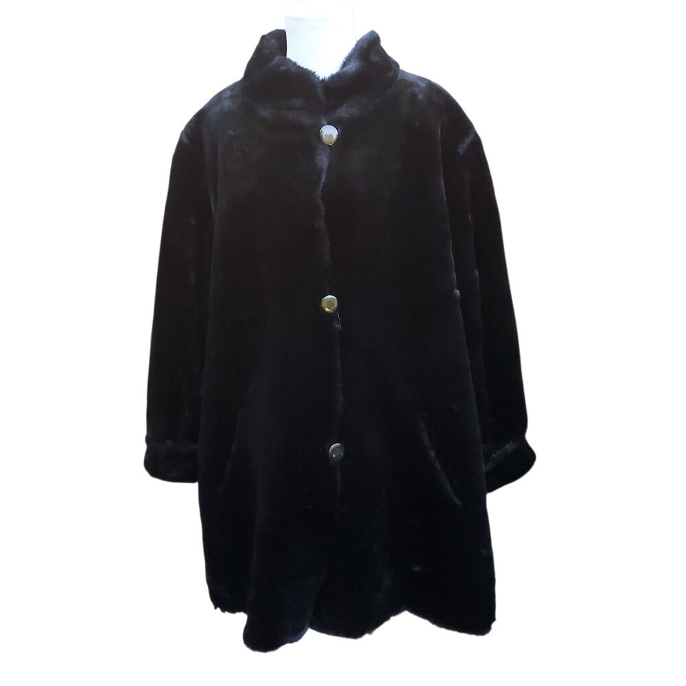 Vintage J. Percy Black Reversible Faux Fur Swing Coat Water Resistant Sz L